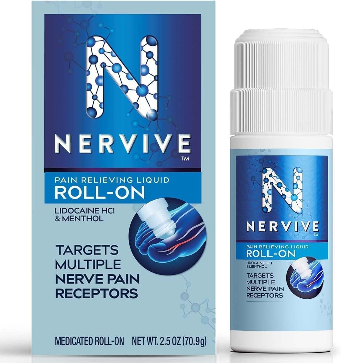 Nervive Nerve Care, Pain Relief Roll On Liquid, Max Strength No-Mess Topical Pain Reliever with Lidocaine and Menthol for Toes, Feet, Fingers, Hands, Legs & Arms, 2.5oz