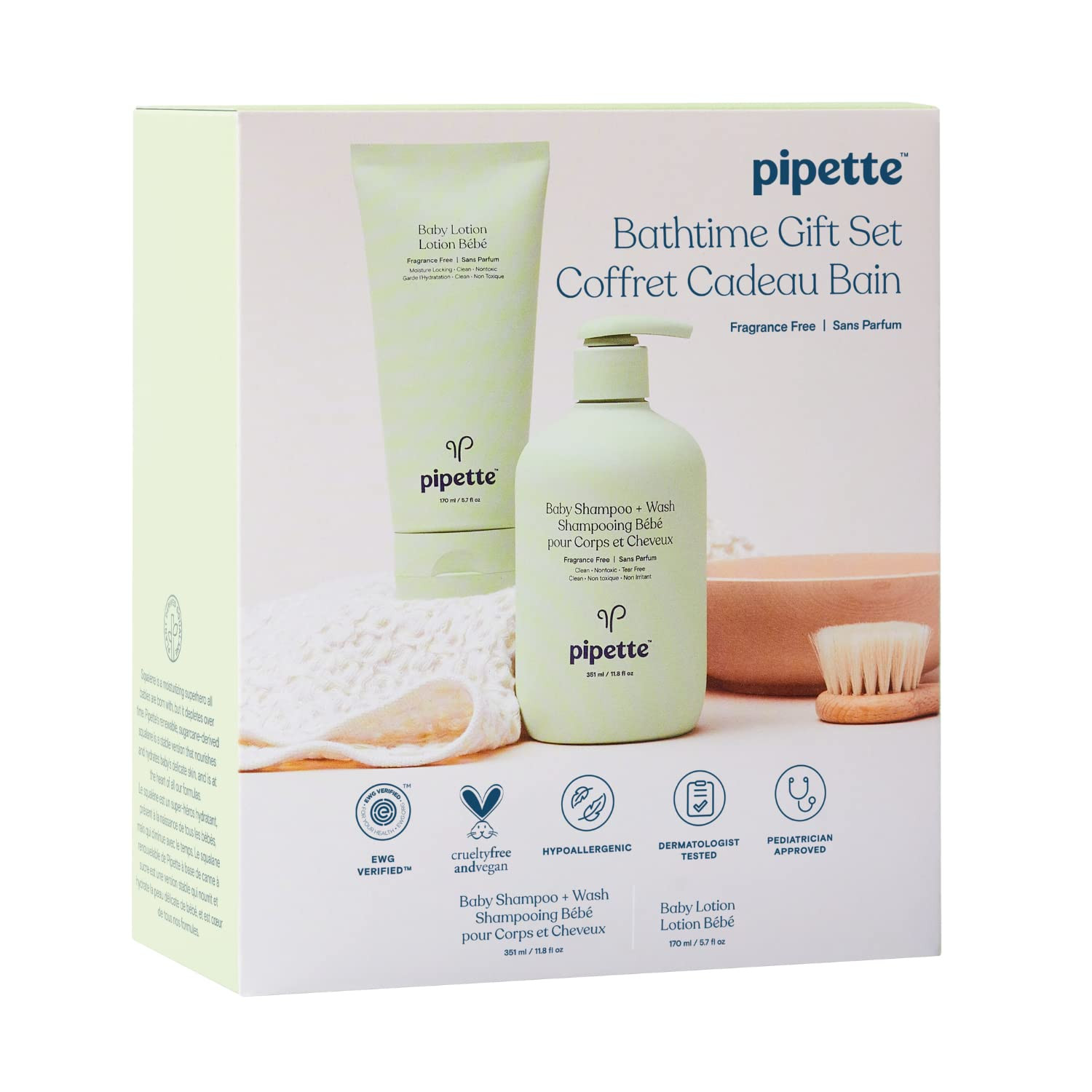 Pipette Bathtime Duo Kit, Fragrance Free - Wash Tear-Free and Moisturize Set with Renewable Plant-Derived Squalane, 2-Piece Set