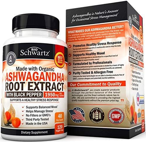 Ashwagandha Capsules 1950mg with Black Pepper for Enhanced Absorption for Women Men - Organic Ashwagandha Root Extract for Adrenal Mood Thyroid Support -120ct