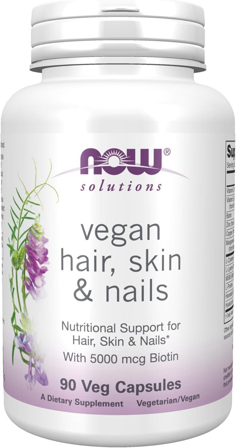 NOW Solutions, Vegan Hair, Skin & Nails, Nutritional Support with 5,000 mcg Biotin, 90 Veg Capsules