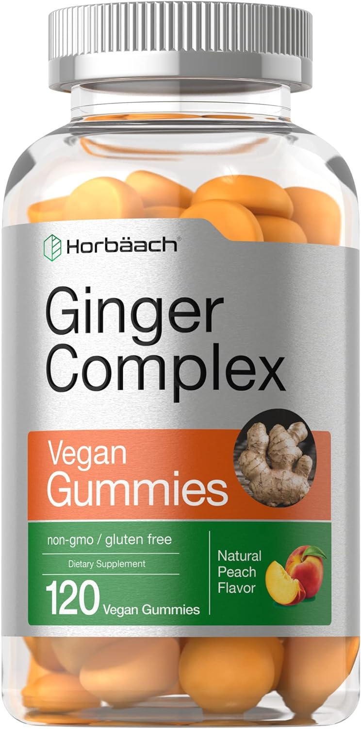 Ginger Root Gummies | 120 Count | Peach Flavor Chews | Ginger Supplement with Turmeric | Vegan, Non-GMO, Gluten Free Complex | by Horbaach