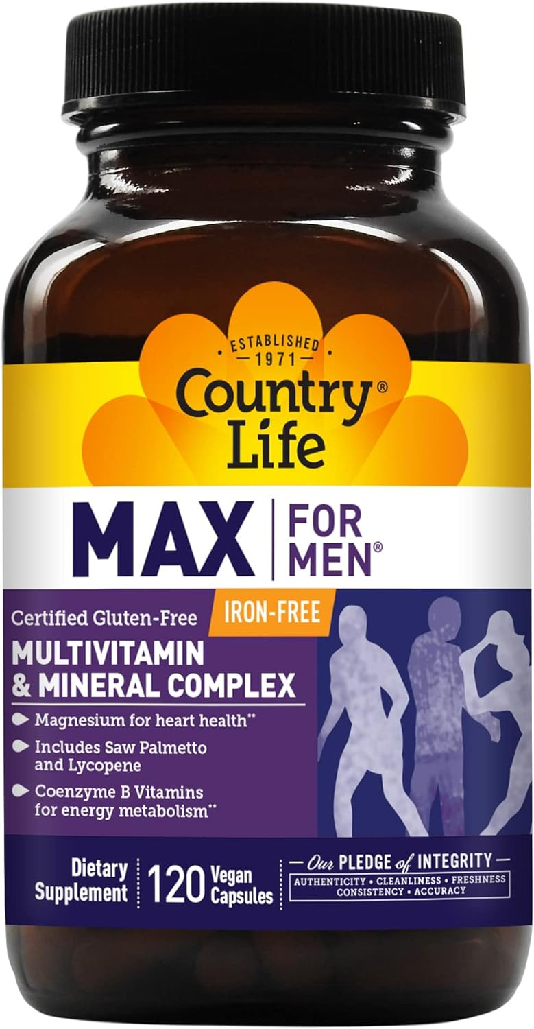 Country Life Max for Men, Multivitamin & Mineral Complex, Iron-Free, Vegan Capsule, 120 Count, Certified Gluten Free, Certified Vegan