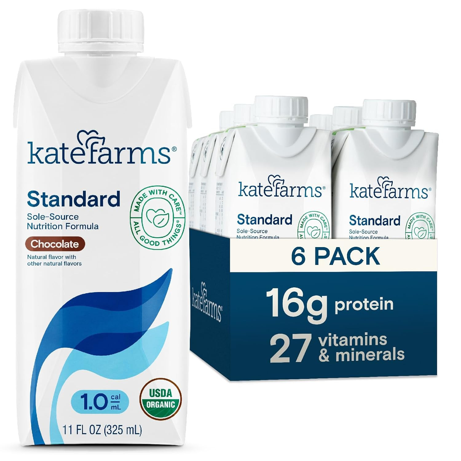 KATE FARMS Organic1.0 Sole-Source Nutrition Shake, Chocolate, 16g of protein, 27 Vitamins and Minerals, Vegan, Meal Replacement Drink, Protein Shake, Gluten Free and Non-GMO, 11 Fl oz (Pack of 6)