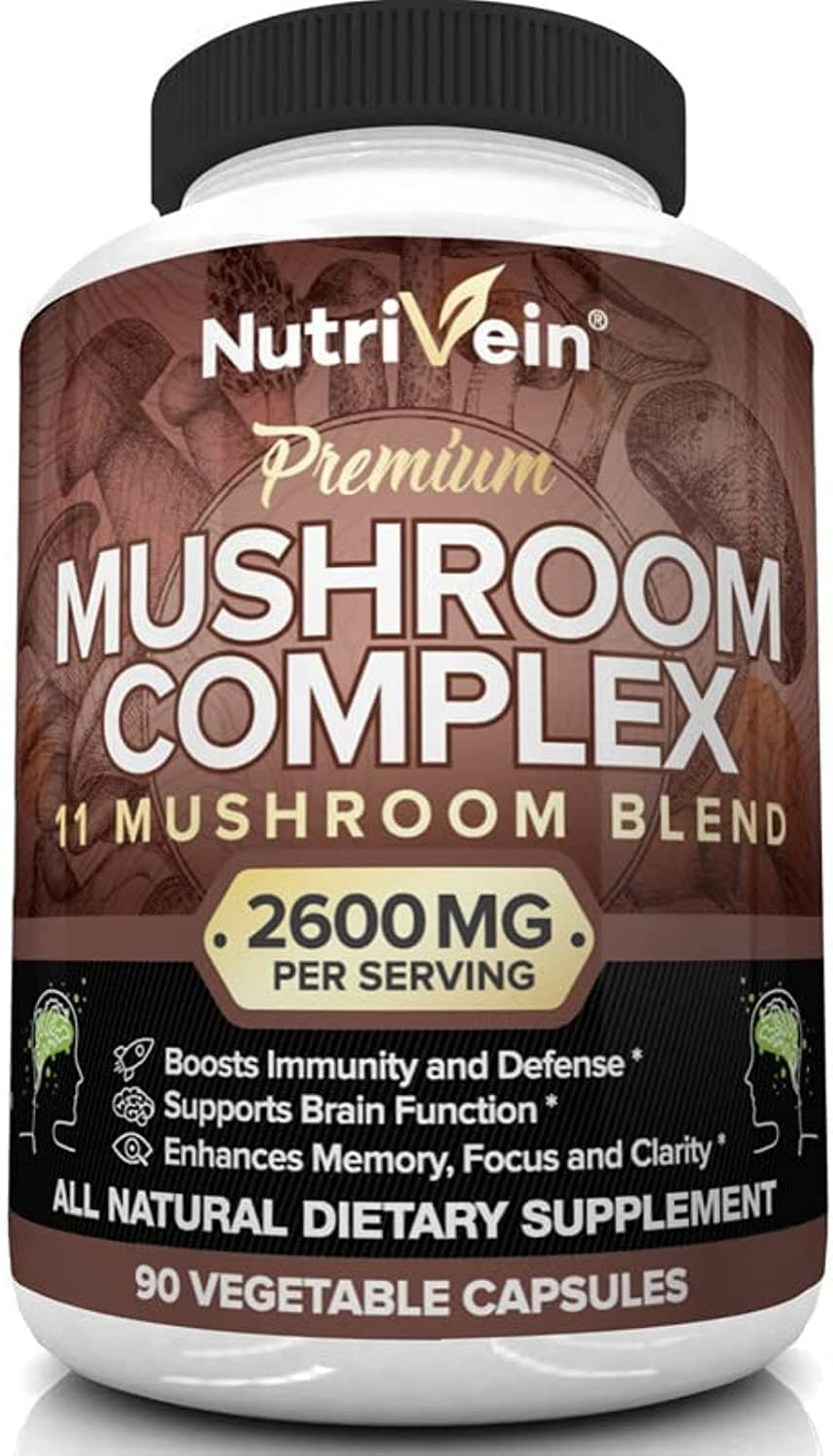 Nutrivein Mushroom Supplement - 2600mg - 90 Capsules - 11 Organic Mushrooms - Lions Mane, Cordyceps, Chaga, Reishi, Turkey Tail, Maitake, Shiitake, Agaricus, White Button, Oyster - Nootropic Complex