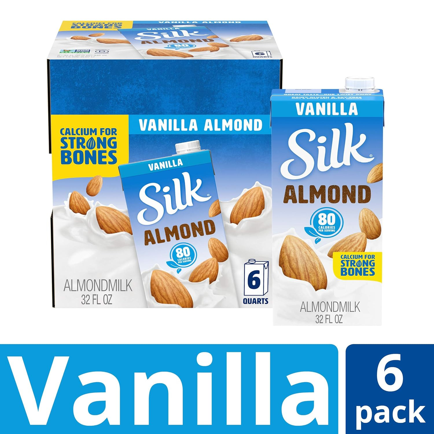 Silk Shelf-Stable Almond Milk, Vanilla, Dairy-Free, Vegan, Non-GMO Project Verified, 1 Quart (Pack of 6)