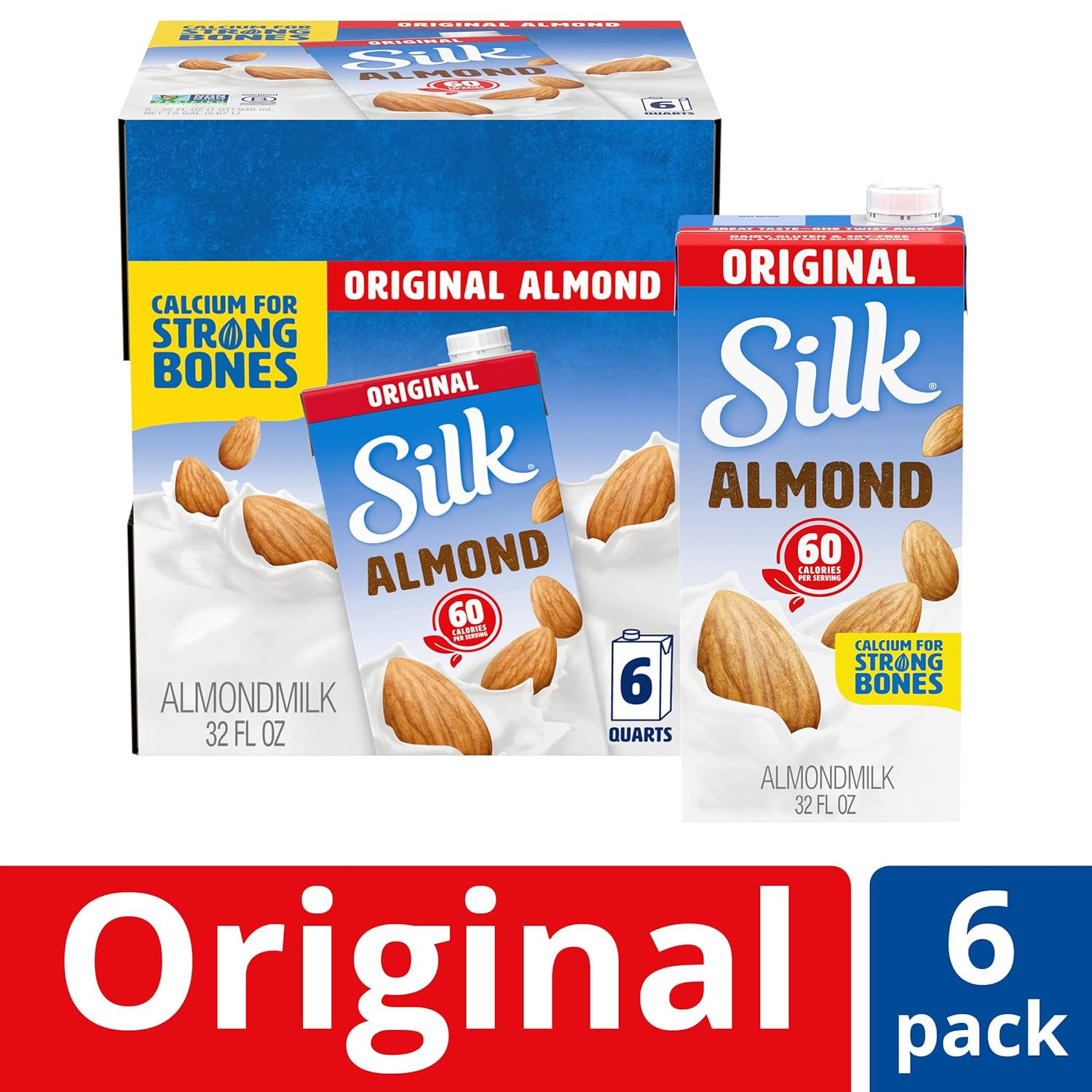 Silk Shelf-Stable Almond Milk, Original, Dairy-Free, Vegan, Non-GMO Project Verified, 1 Quart (Pack of 6)