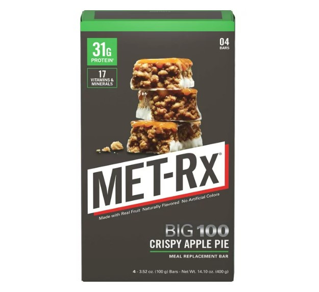 MET-Rx Big 100 Colossal Protein Bars, Crispy Apple Pie Meal Replacement Bars, 4 Ct